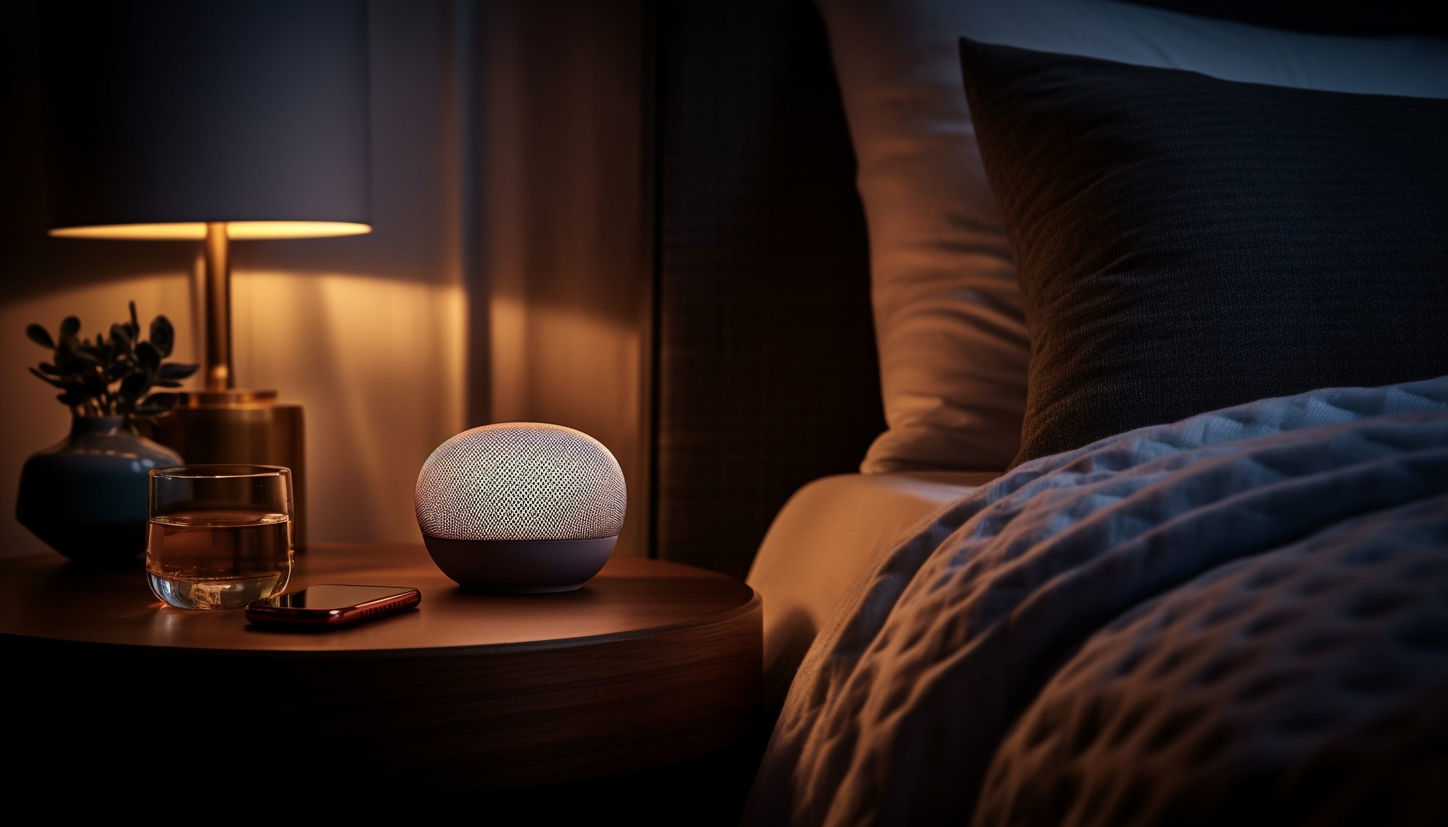 Smart home bedroom using Google Assistant Dark Theme during nighttime routine